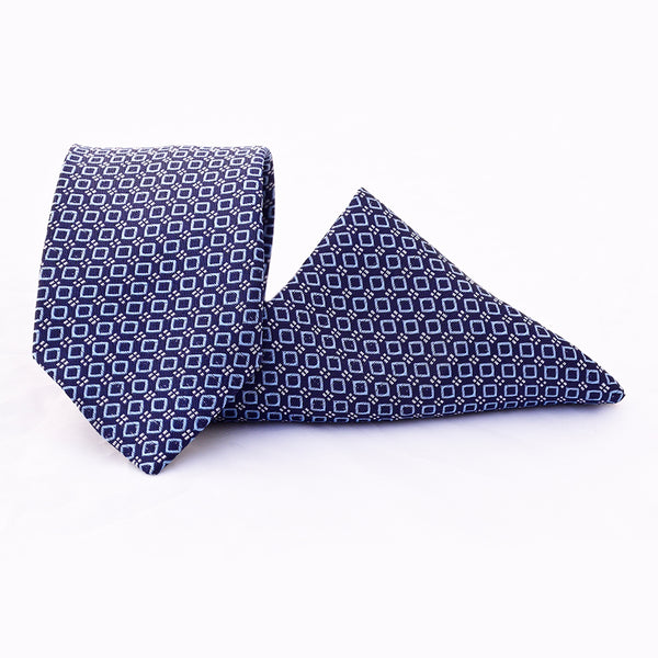 Medallion Blue grid pattern Tie with Pocket Square