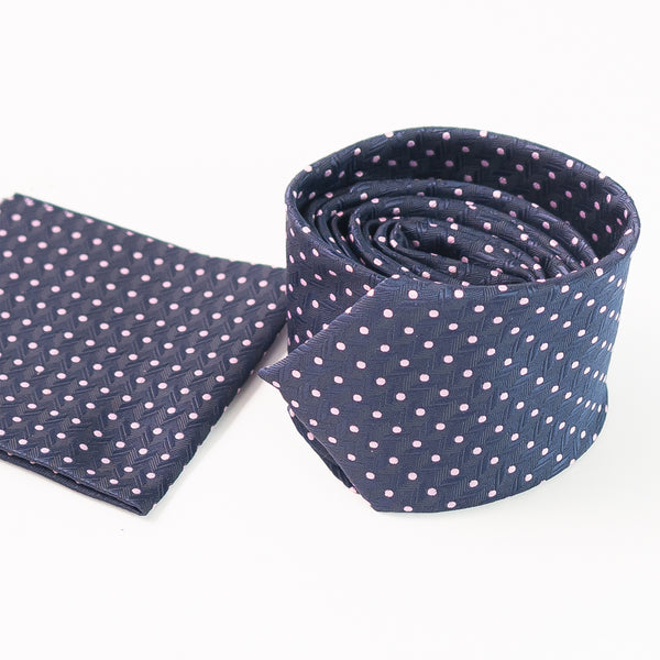 Blue Dotted Textured Tie With Pocket Square