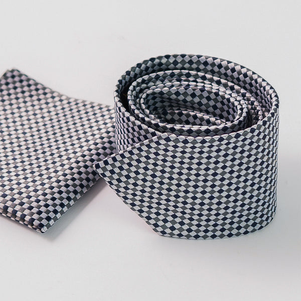 Black & Silver Dice Check Woven Tie With Pocket Square