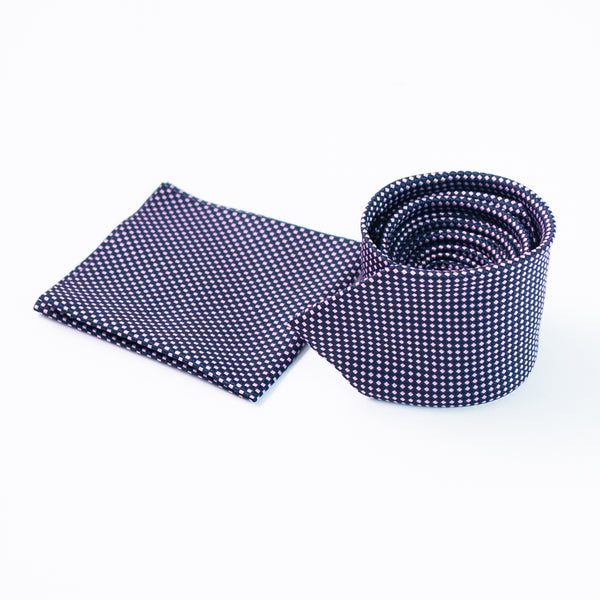 Navy Blue & White Dice Check Woven Tie with Pocket Square
