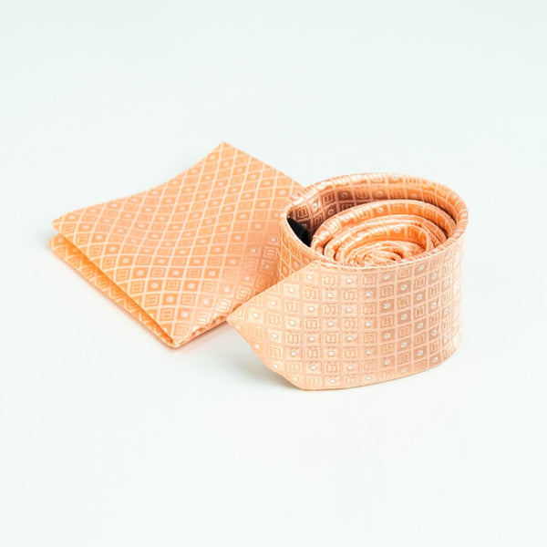 Peach Check Woven Tie with Pocket Square