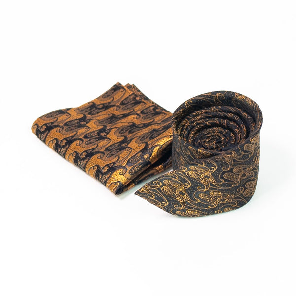 Gold Black Paisley Tie with Pocket Square