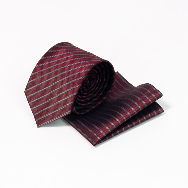 Wine Grey Striped Tie with Pocket Square