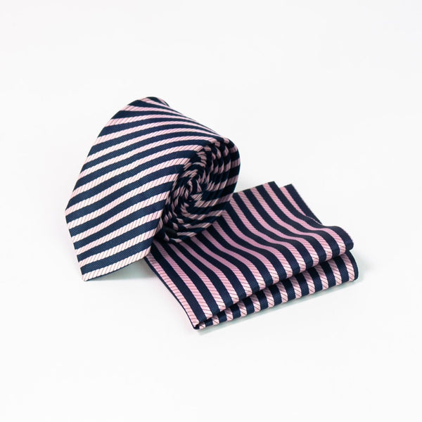 Pink Blue Striped Tie with Pocket Square