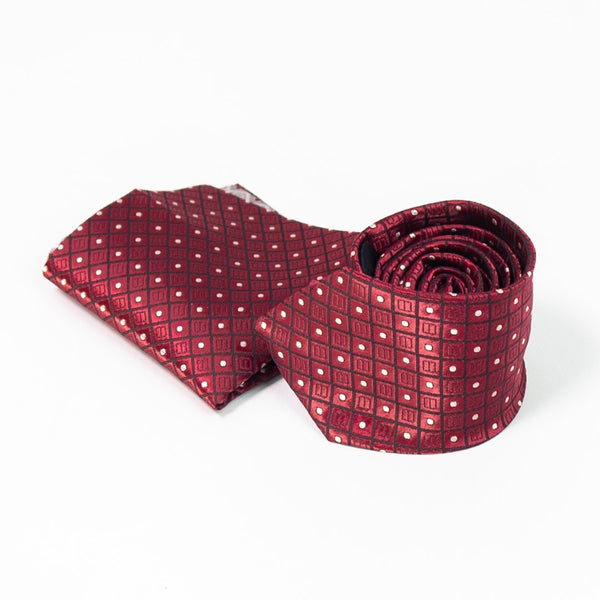 Deep Red Checkered Dotted Tie with Pocket Square