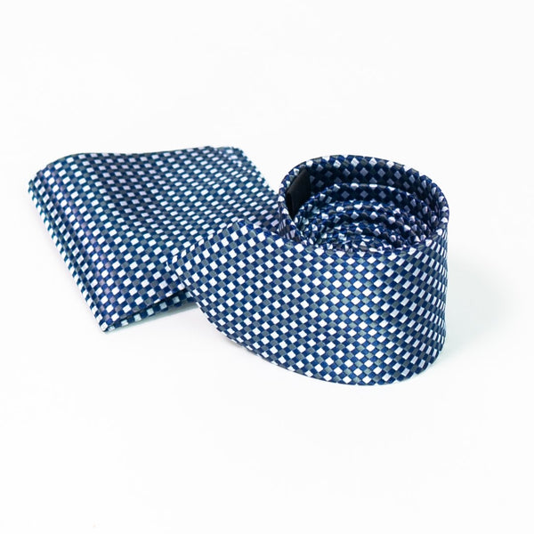 Blue Grey Cross Checkered Tie with Pocket Square