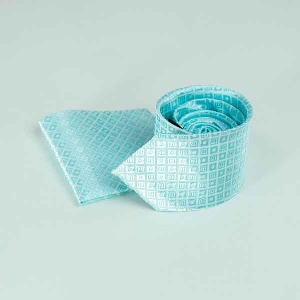 Aqua Blue Box Patterned Tie with Pocket Square