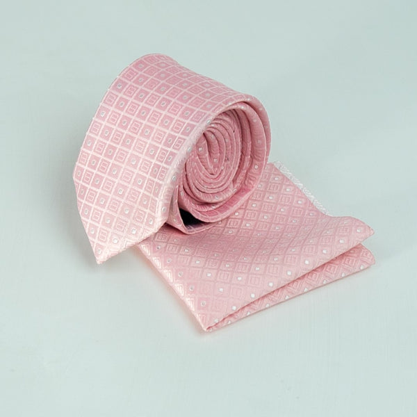 Baby Pink Box Patterned Tie with Pocket Square