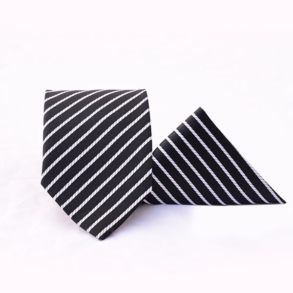 Black & White Striped Tie with Pocket Square