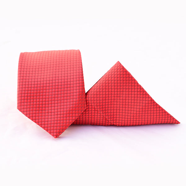 Red Micro Checkered Tie with Pocket Square