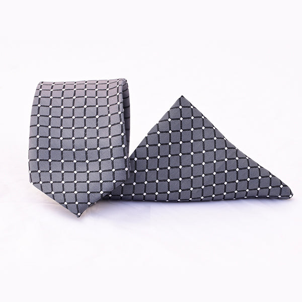 Grid Patterned Silver Tie with Pocket Square