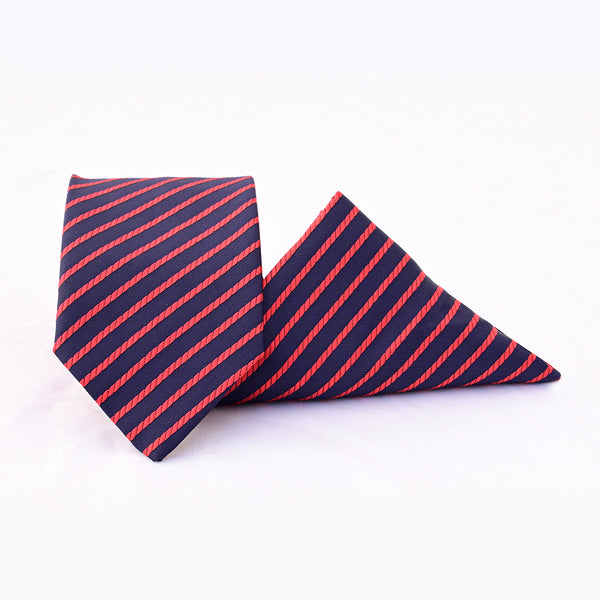 Red & Blue Striped Tie with Pocket Square
