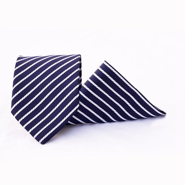Navy Blue & White Striped Tie with Pocket Square