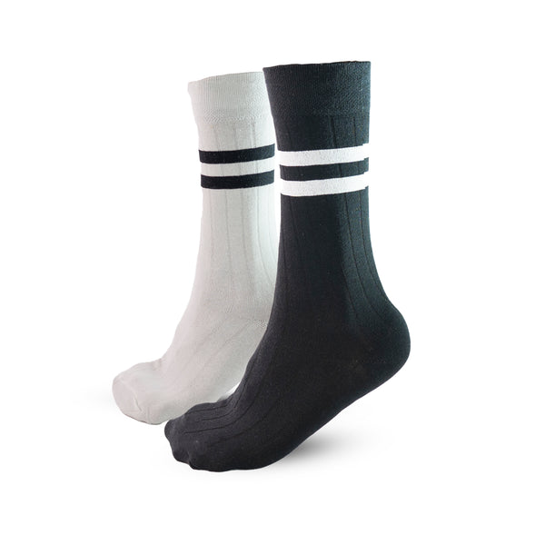 Long Black & White Ring Patterned Cotton Socks (Pack of 2)