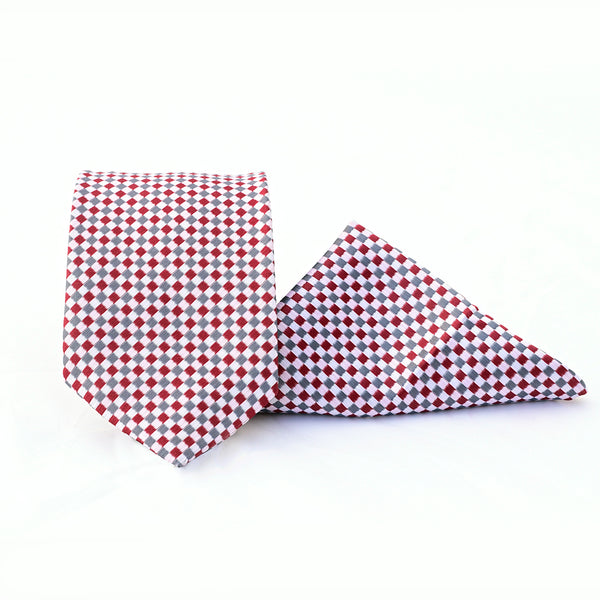Pink & Silver Dice Check Woven Tie with Pocket Square