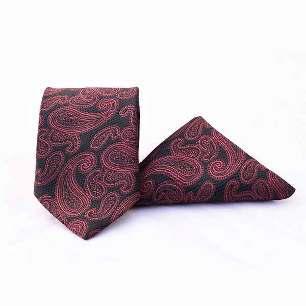Black & Maroon Paisley Festive Tie with Pocket Square
