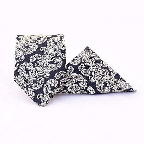 Black & Dust Colored Paisley Festive Tie with Pocket Square