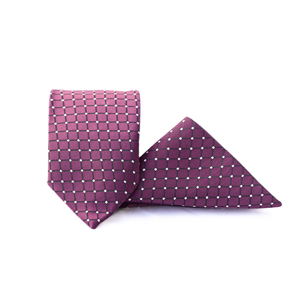 Grid Patterned Purple Tie with matching Pocket Square