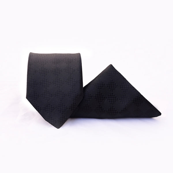 Black Textured Tie with  Pocket Square