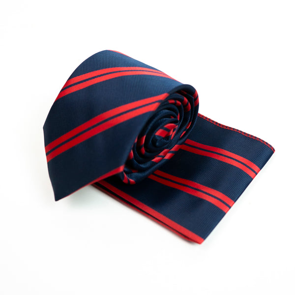 Navy & Red Regal Striped Tie with Pocket Square Set