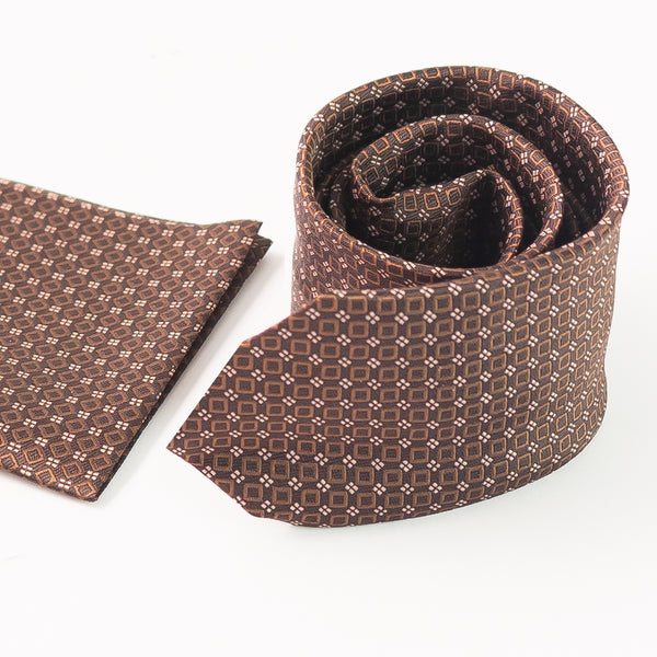 Medallion Brown Grid Pattern Tie with Pocket Square