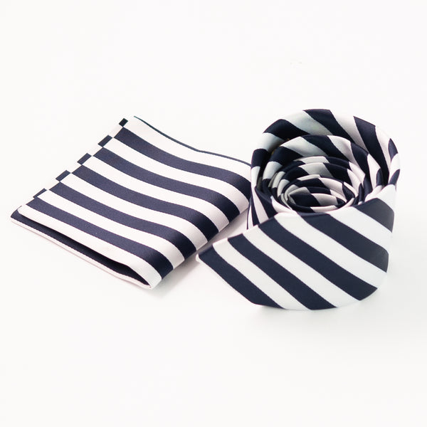 Blue & White Striped Tie with Pocket Square