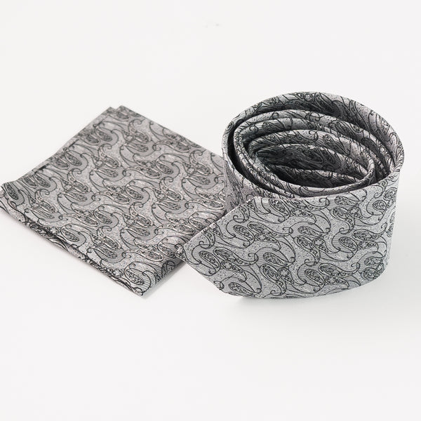Silver Paisley Festive Tie with Pocket Square