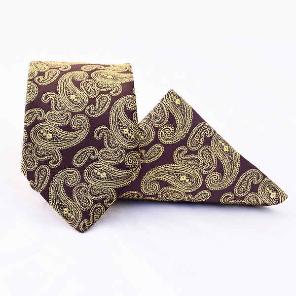 Gold & Brown Paisley Festive Tie with Pocket Square