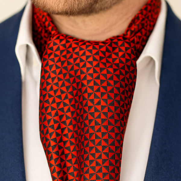 Bold Red-and-Black Geometric Ascot Cravat Tie