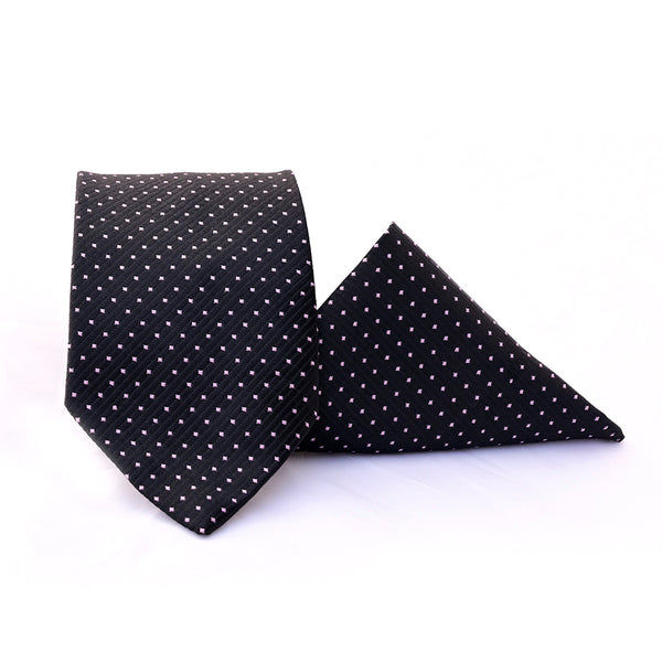 Black Bulleted Patterned Tie with  Pocket Square
