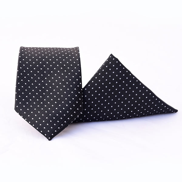 Black Bulleted Patterned Tie with Pocket Square