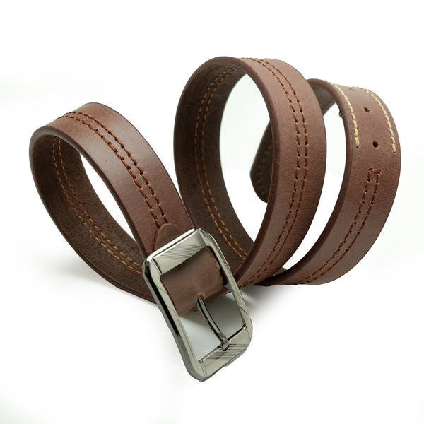 Brown Premium Leather Belt with Dark Stitch Pattern