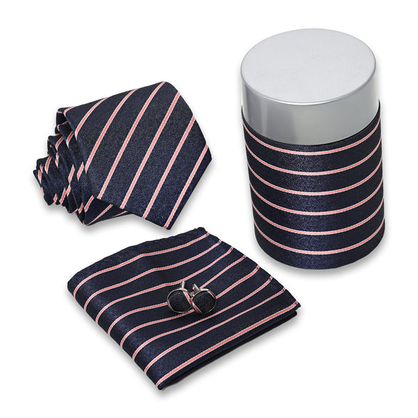 Elegant Pink Lining Navy Blue Tie Set